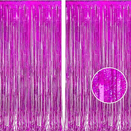 BRAVESHINE Hot Pink Foil Fringe Curtains，Metallic Party Streamers Backdrop by BRAVESHINE