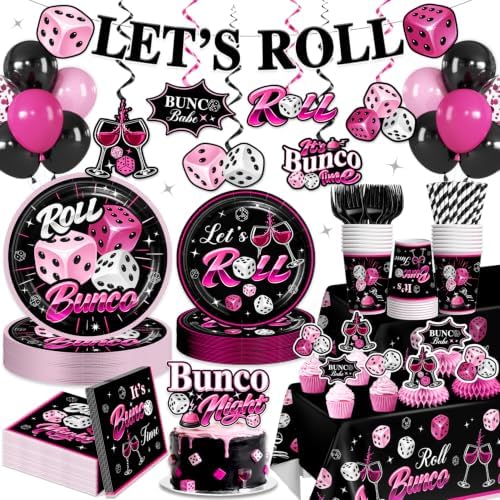 205PCS Yingoto Hot Pink and Black Bunco Party Supplies Set, 25 Guests by Yingoto