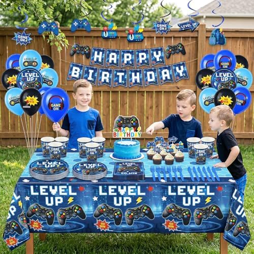 196 Pcs Video Game Birthday Party Decorations (Serves 24), Game Party Tableware Include Banner Hanging Plates Napkins Cups Forks Knifes Tablecloth Topper Balloons for Boy Party (Blue) - Image 6