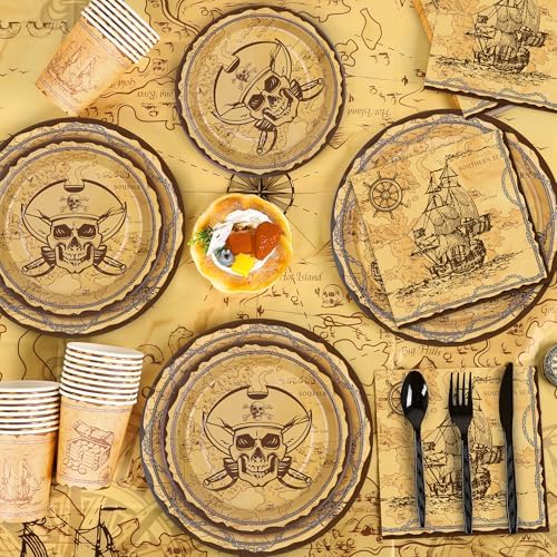 Kochorie 169 Pieces Pirate Tableware Set, Pirate Treasure Map Party Plates and Napkins Supplies with Cups Plastic Cutlery Tablecloth for Adventure Birthday Themed Party Decorations, Serves 24 Guests - Image 5