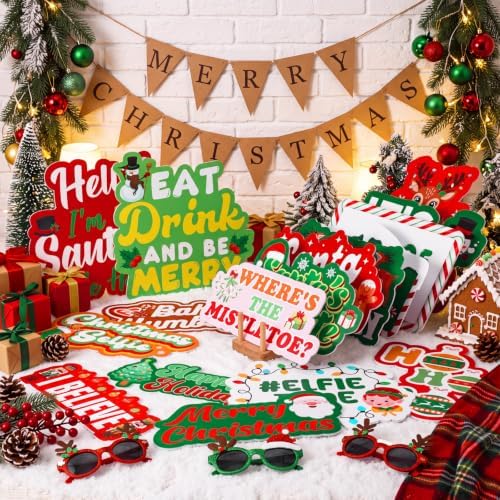 Beeveer 24 Pcs Christmas Photo Booth Props Red and Green Xmas Props Signs - Image 2