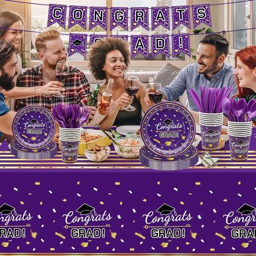 Graduation Decorations 2026,147 PCS Purple and Gold Graduation Decorations,Graduation Party Decorations,Disposable Grad Graduation Tableware Banner Graduation Plates Cups Tablecloth for 24 Guests - Image 4