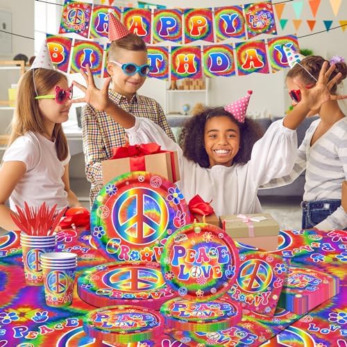 Tie Dye Birthday Party Supplies, 60's Hippie Theme Tableware Set Include Groovy Paper Plates Peace Love Napkins for Groovy 60s Party Supplies,Tie Dye Party Decorations - Image 2