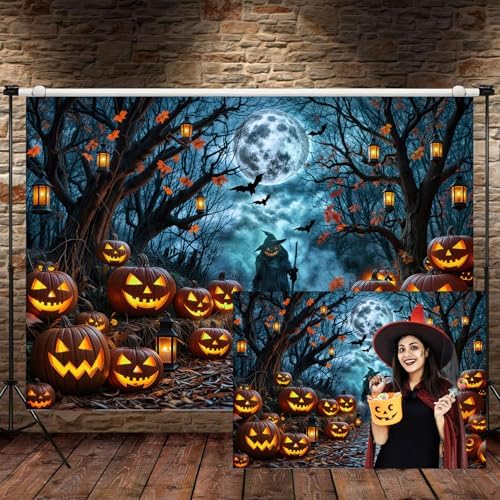 Halloween Misty Dark Forest Backdrop, Moon Night Creepy Scene Dark Pathway Pumpkin Bats Woods Photography Background, Ghost Themed Birthday Party Banner Decor Witch Photo Props 7X5FT - Image 2