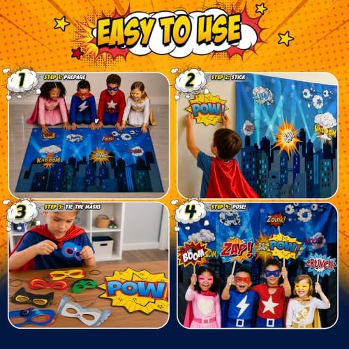 Superheroes Theme Party Photography Backdrop with Prop, Flag & Mask. Super Hero Cityscape Photo Booth Background for Kids Party, Birthday Wall Decorations - Image 5