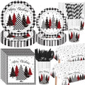 Funnymoom 452 Pcs Christmas Tree Party Supplies for 50, Black Buffalo Plaid Gingham Christmas Paper Plates Napkins Cups Tablecloth Cutlery Straws Tableware Set for Xmas Holiday Party Decorations by Funnymoom