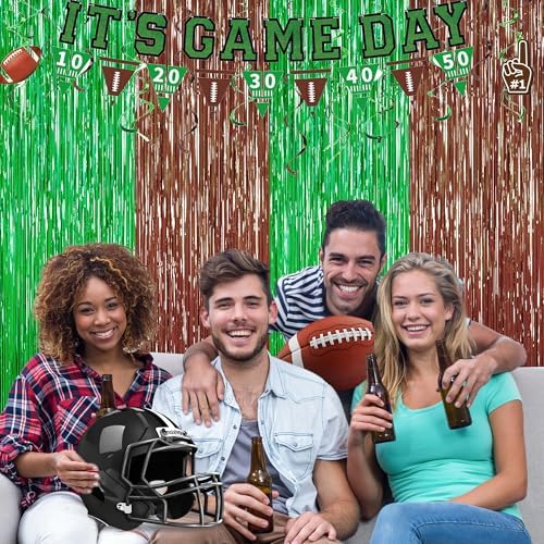 2Pack Football Party Decoration, Brown Green Foil Curtain Streamer Backdrop - Image 2