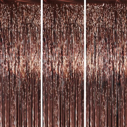 Voircoloria Brown Foil Fringe Backdrop Curtains, 3.3x6.6ft, 3pcs by Voircoloria