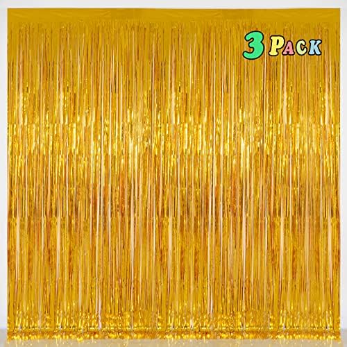 Pure Gold Fringe Curtain Backdrop 3 Pack, 3.2 x 8.2 FT Party Decorations by Melsan