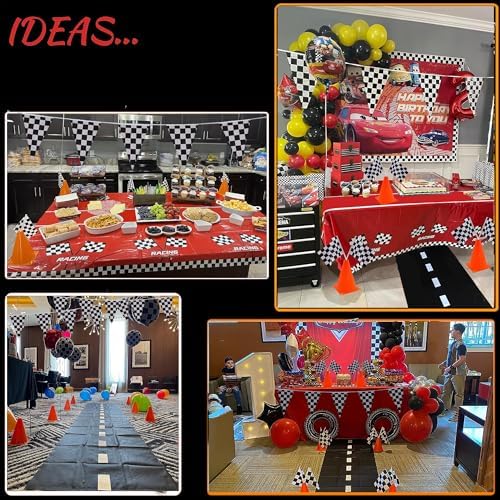 Racing Cars Birthday Decorations,Racecar Centerpiece Decoration - Orange Racing Cones(12), Checkered Flags (24), Plastic Tablecloth (54"x108"),Floor Runner,Banner Race Car Party(40pcs) - Image 3