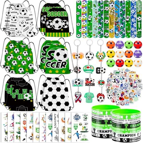 122Pcs Soccer Party Favors Drawstring Bags Including Silicone and Slap bracelets, Keychains, Tattoo Stickers,Mini Ball for Soccer Themed Party Supplies by Unknown