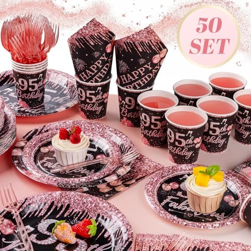 250PCS 95th Birthday Party Decorations for 50 Guests Black and Rose Gold Party Supplies for Women Include Disposable Paper Plates, Napkins, Cups, and Disposable Plastic Cutlery (95) - Image 3