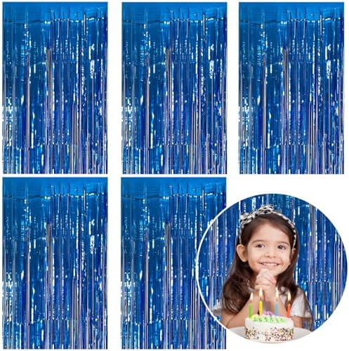 5 Pack Foil Curtain Backdrop Blue Metallic Tinsel Foil Fringe Curtains Photo Booth Props for Birthday Wedding Engagement Baby Shower Bachelorette Christmas Holiday Celebration Party Decorations by KEJ