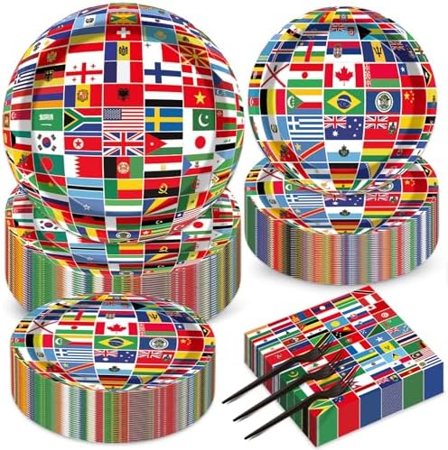 50 Guests International World Flags Party Supplies Decor Around The World Plates and Napkins Forks Travel Trip International Flags Tableware Country Paper Plates for Birthday Baby Shower Party 200PCS by gisgfim