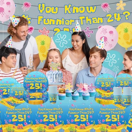 Blue Ocean Birthday Party Decorations Tableware 104Pcs Whats Funnier Than 24 25 Birthday Supplies Include Banner Balloons Plates Napkins Cups Tablecloth Cupcake Toppers and Cake Topper - Image 7