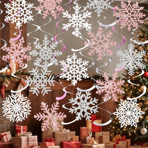 Snowflake Decorations, Christmas Hanging Decor, Pink White Silver, 30-Pc - Image 6