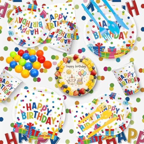 170 Pcs Happy Birthday Decorations - Colorful Polka Dots Birthday Party Plates and Napkins Banner Cups Tablecloth Forks Tableware for Birthday Party Decor Supplies Favors, Serves 24 - Image 7