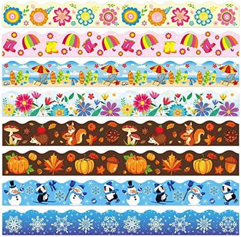 Whaline 82Ft Seasonal Bulletin Board Borders 8 Designs Scalloped Border Trim Teachers Classroom Blackboard Decor for Spring Summer Autumn Winter School Office Party Decoration, 72 Pcs by Whaline