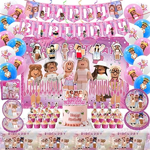Birthday Party Supplies - Theme Children's Party Decorations Included Happy Birthday Banner, Backdrop, Hanging Swirls, Tablecloth, Cupcake Cake Toppers, Plates, Tableware, Napkins, Balloons by LENEYIZIE