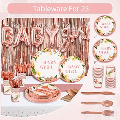 Guudmua 303 Pcs Baby Shower Decorations For Girl, Girl Baby Shower Decorations Kits - Disposable Dinnerware Set With Pink Rose Gold Floral (25 Guest), "BABY girl" Banner, Balloon, Sash, Cake Topper - Image 3