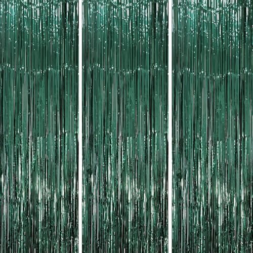 Voircoloria Retro Green Foil Fringe Backdrop Curtains,3.3x8.2ft, 3 Pack by Voircoloria