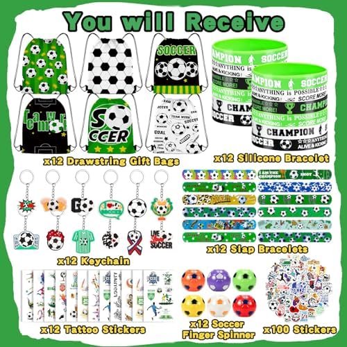 122Pcs Soccer Party Favors Drawstring Bags Including Silicone and Slap bracelets, Keychains, Tattoo Stickers,Mini Ball for Soccer Themed Party Supplies - Image 2