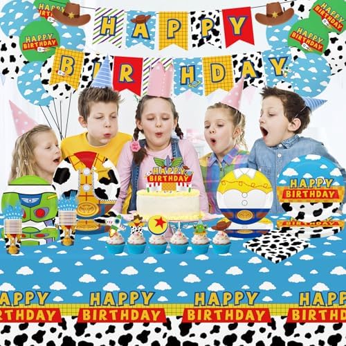 Story Birthday Party Decorations 130pcs for 20 Guests,Include 1 Banner, 12 Cupcake Topper, 1 Cake Topper,40 Paper Plates,20 Napkins,20 Paper Cups,2 Plastic Tablecloth,20 Forks,14 Latex Balloons - Image 6