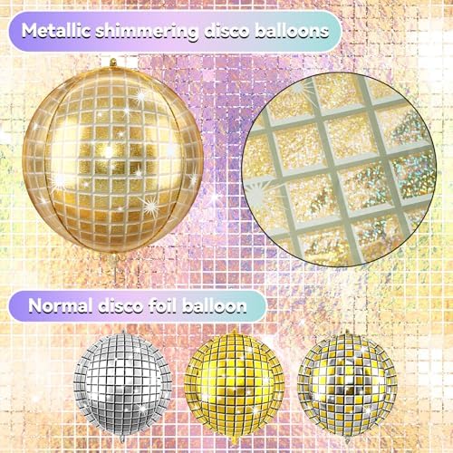 6pcs 22 Inch Gold Disco Ball Balloons, Shiny Gold Big Disco Foil Balloons - Image 3