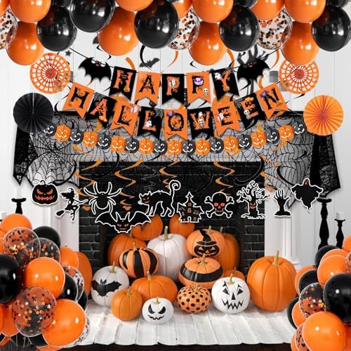 Fecedy Black Orange Happy Halloween Trick or Treat Banner Paper Fan Balloons & Swirl Streamers Goul Bat Cat Bird Ghost Pumpkin Lantern for Halloween Decorations - Image 4