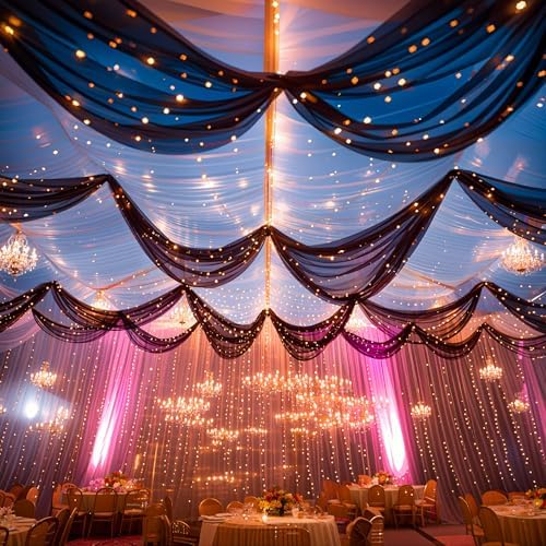 Black Ceiling Drapes with Lights String for Weddings, 6 Panels 5ftx30ft Sheer Tulle Backdrop Photo Background Drapes for Wedding Ceremony Birthday Party Arch Decoration - Image 3
