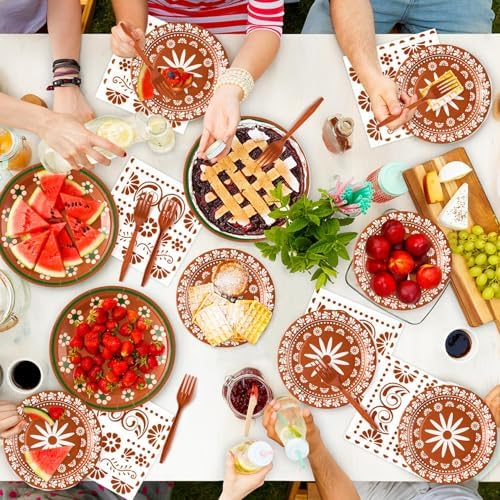 96Pcs Platos De Barro Mexicanos Cielito Lindo Terracotta Clay Party Plates Supplies Tableware Decorations Disposable Paper Plates Napkins Forks for Birthday Wedding Baby Shower, Serves 24 - Image 5