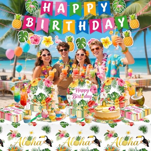 REDWORD Hawaiian Birthday Party Decorations, 99Pcs Hawaiian Plates and Napkins-Serve 24 With Birthday Banner Tablecloth Disposable Luau Plates for Luau Birthdays Tropical Summer BBQ Party Decorations - Image 4