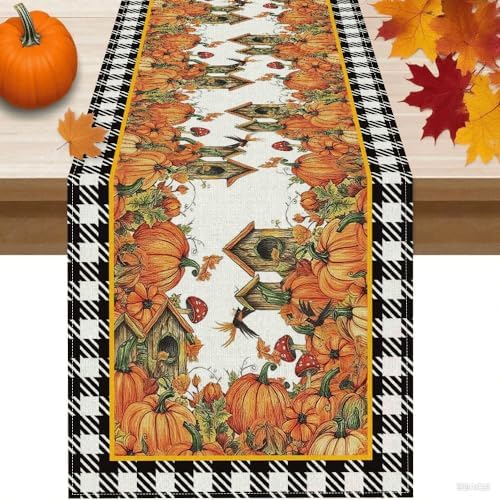 Buffalo Plaid Pumpkin Bow Table Runner 13x72 Inch - Easy-Clean Fall Thanksgiving Decor for Kitchen Dining Home Party - Image 6
