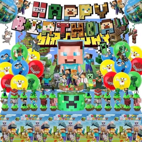 For Pixel Party Supplies, 55 PCS Birthday Decorations Set Include Banner, Balloons,, Hanging Swirls, Cake Cupcake Toppers, Tablecloth for Boys Girls Pixel Theme Party by Unknown