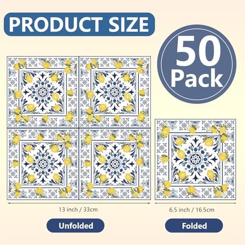 50PCS Tiles Lemons Napkins 13 x 13 Inches, Blue Yellow Citrus Decorative Paper Napkins Luncheon Dessert Cocktail Napkins Disposable for Spring Summer Picnic Wedding Birthday Decorations (Lemon) - Image 2