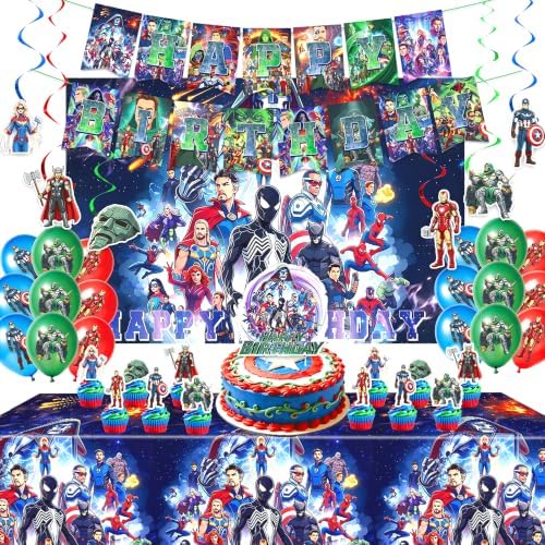 Super Theme Hero Birthday Party Supplies, Cartoon Party Decorations Set Include Banner, Backdrop, Balloons, Hanging Swirls, Cake Cupcake Toppers, Tablecloth by Unknown