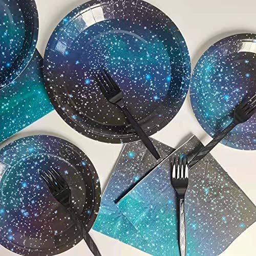 96 Pcs Galaxy Party Starry Night Supplies Tableware Set Outer Space Theme Birthday Star Party Table Decorations Solar System Paper Plates Napkins Forks for 24 Guests - Image 5