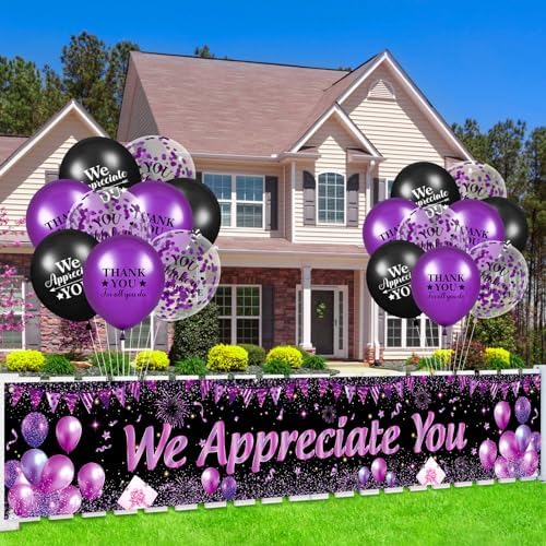 We Appreciate You Decorations Purple Appreciate You Banner Yard Sign with 18 Pcs Balloons Thank You for All You Do Banner Employee Staff Appreciation Gifts Teacher Doctor Appreciation Party Decor - Image 5