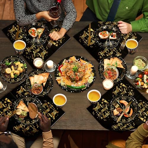 168pcs Happy New Year Party Supplies, Black and Gold Paper Plates Napkins Cups and Gold Cutlery for 24 Guests, 2026 New Year Disposable Tableware Supplies for Party Decorations - Image 6
