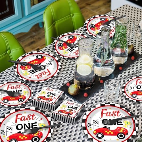 Fast One Birthday Decorations for Boys Racing Car 1st Birthday Party Supplies Fast One Plates Napkins Forks Checked Race Car Disposable Paper Plates Tableware Set for Kids Favors Serve 25 - Image 5