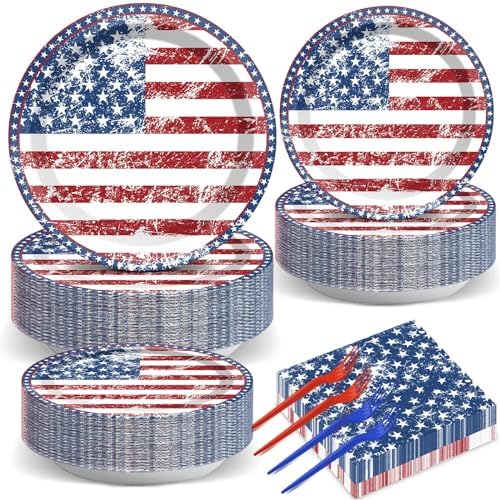 50 Guests 4th of July American Flag Patriotic Party Decorations Plates Napkins 250th Anniversary Themed Tableware Set Veterans Day Party Supplies Independence Paper Plates Napkins 200PCS by gisgfim