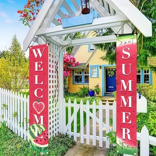 BlissYard 2pcs Welcome Summer Door Banner Watermelon Porch Banner Sign Sweet Fruit Time Front Door Hanging Decor Banners for Summer Home Hawaii Tropical Party Outdoor Decorations - Image 2