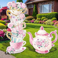 Panelee Wonderland Tea Party Yard Decoration, Wonderland Garden Yard Sign Stand Set Stacked Teacups and Teapot with Brackets for Tea Party Birthday Halloween Outdoor Decoration (Pink Style) by Panelee
