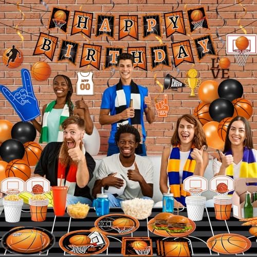 155 PCS Basketball Party Decorations - Basketball Party Supplies - Plates, Napkins, Cups, Basket Card, Banner, Hanging Swirls, Balloons, Tablecloth for Basketball Birthday Party Decorations, Serve 24 - Image 5