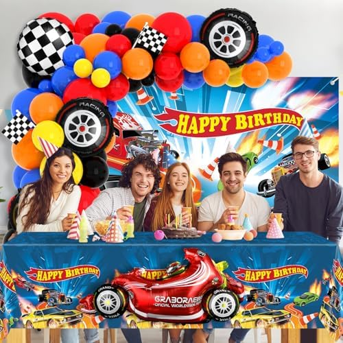 134Pcs Wheels Race Car Birthday Party Supplies Race Cars Balloon Garland Arch Kit Backdrop Tablecloth Monster Truck Wheels Checkered Foil Balloons Racing Signs bDecorations - Image 6