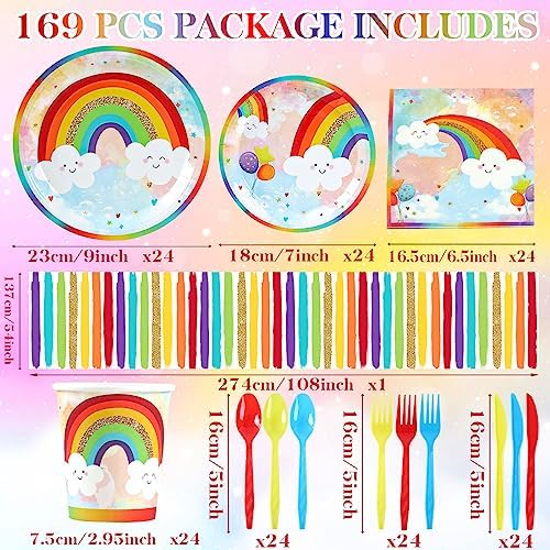 Rainbow Party Supplies, Happy Birthday Decorations for Girls & Boys -169pcs Rainbow Party Tableware Set Include 9" and 7" Party Plates and Napkins Cups Utensils with Tablecloth for 24 Guests - Image 3