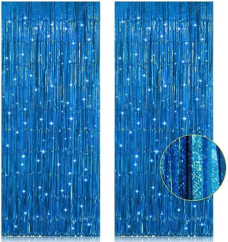 2 Pack 3.2ft x 8.2ft Blue Foil Fringe Curtains Photo Backdrop by welcomePIGETALE