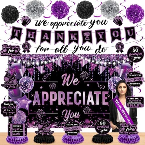 Purple We Appreciate You Decorations Black Purple Thank You for All You Do Banner Honeycomb Centerpieces Hanging Swirls Employee Staff Appreciation Gift Pastor Teacher Doctor Graduation Party Decor by Wayyogh