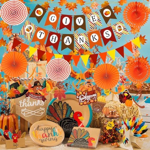 Fecedy Give Thanks Pumpkin Maple leaf Paper Banner Triangle Flag Bunting Maple Leaf Hanging Garland Paper Fan Flower Swirl Streamers for Thanksgiving Day Party Decoration - Image 7