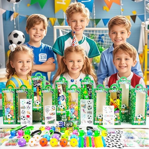 208Pcs Soccer Party Favors for Kids Boys, 12 Guests Goodie Bag Fillers with Rotatable Finger Stress Toys Whistles Bracelet Keychain Sticker for Birthday Party, Classroom Rewards & Return Gifts - Image 2